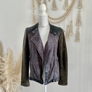 Free People knit and leather jacket mixed media grey brown black size 6 medium